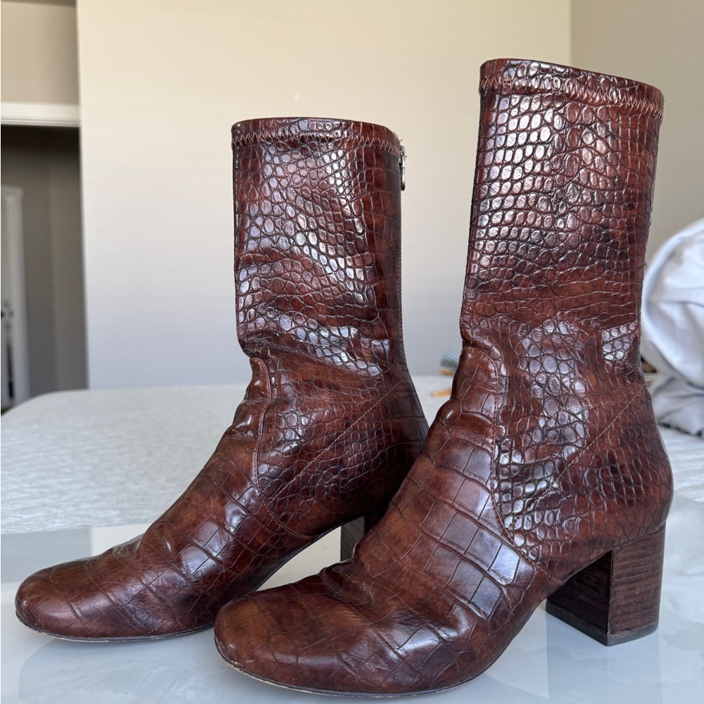 Free People Croc-Embossed Brown Heeled Boots